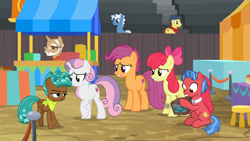 Size: 1920x1080 | Tagged: safe, screencap, character:apple bloom, character:biscuit, character:pokey pierce, character:scootaloo, character:spur, character:sweetie belle, species:earth pony, species:pegasus, species:pony, species:unicorn, episode:growing up is hard to do, g4, my little pony: friendship is magic, animation error, bandana, beard, box, cutie mark, cutie mark crusaders, facial hair, female, freckles, glasses, male, mare, missing wing, older, older apple bloom, older cmc, older scootaloo, older sweetie belle, raised hoof, sitting, stallion, stool, teenager, the cmc's cutie marks, unamused, worried
