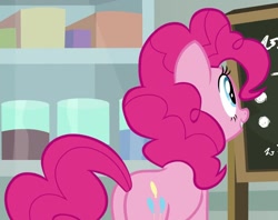 Size: 1115x884 | Tagged: safe, screencap, character:pinkie pie, species:earth pony, species:pony, episode:the last laugh, g4, my little pony: friendship is magic, balloonbutt, butt, chalkboard, cropped, female, mare, plot, smiling, solo