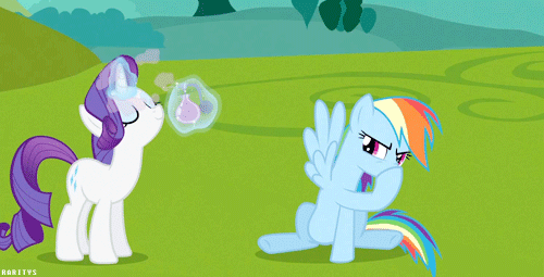 Size: 500x255 | Tagged: safe, screencap, character:rainbow dash, character:rarity, episode:keep calm and flutter on, g4, my little pony: friendship is magic, animated, perfume, smell