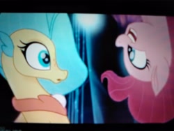 Size: 4160x3120 | Tagged: safe, screencap, character:pinkie pie, character:princess skystar, species:hippogriff, species:seapony (g4), my little pony: the movie (2017), duet, duo, female, glowing horn, happy, horn, looking at each other, one small thing, picture of a screen, shocked expression, singing, smiling, song, upside down