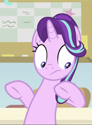 Size: 695x940 | Tagged: safe, screencap, character:starlight glimmer, species:pony, species:unicorn, episode:a horse shoe-in, g4, my little pony: friendship is magic, bipedal, bipedal leaning, cropped, female, leaning, leaning back, looking down, mare, shrunken pupils, solo, surprised, underhoof