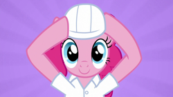 Size: 1920x1080 | Tagged: safe, screencap, character:pinkie pie, species:earth pony, species:pony, episode:the last laugh, g4, my little pony: friendship is magic, clothing, female, hard hat, hat, mare, smiling, solo, uniform