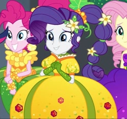 Size: 750x702 | Tagged: safe, screencap, character:fluttershy, character:pinkie pie, character:rarity, equestria girls:holidays unwrapped, g4, my little pony:equestria girls, cornucopia costumes, cropped, inflatable dress, o come all ye squashful