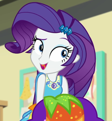 Size: 970x1048 | Tagged: safe, screencap, character:rarity, equestria girls:holidays unwrapped, g4, my little pony:equestria girls, canterlot high, classroom, cornucopia costumes, cropped, cute, female, geode of shielding, magical geodes, o come all ye squashful, open mouth, raribetes, smiling