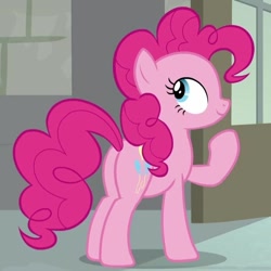 Size: 582x582 | Tagged: safe, screencap, character:pinkie pie, species:earth pony, species:pony, episode:the last laugh, g4, my little pony: friendship is magic, balloonbutt, butt, cropped, female, mare, plot, raised hoof, smiling, solo