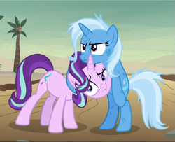 Size: 1155x940 | Tagged: safe, screencap, character:starlight glimmer, character:trixie, species:pony, species:unicorn, episode:on the road to friendship, bipedal, cropped, duo, female, mare, messy mane, scratches, trixie is not amused, unamused