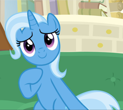 Size: 1054x939 | Tagged: safe, screencap, character:trixie, species:pony, species:unicorn, episode:on the road to friendship, cropped, cute, diatrixes, female, hoof on chest, looking at you, mare, raised hoof, sitting, smiling, solo