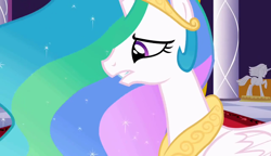 Size: 1280x738 | Tagged: safe, screencap, character:princess celestia, species:alicorn, species:pony, episode:the return of harmony, g4, my little pony: friendship is magic, carpet, crown, female, folded wings, jewelry, mare, pillar, regalia, solo, statue, wings, worried