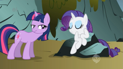 Size: 1023x576 | Tagged: safe, screencap, character:rarity, character:twilight sparkle, character:twilight sparkle (unicorn), species:pony, species:unicorn, episode:dragonshy, g4, my little pony: friendship is magic, abomination, animation error, duo, ei, female, great moments in animation, hub logo, mare, monster pony, octopony, original species