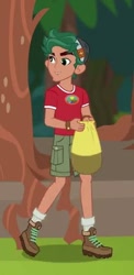 Size: 241x492 | Tagged: safe, screencap, character:timber spruce, equestria girls:legend of everfree, g4, my little pony:equestria girls, bag, boots, camp everfree outfits, cargo shorts, clothing, cropped, legs, male, shoes, shorts, smiling, socks