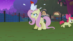 Size: 2880x1620 | Tagged: safe, screencap, character:apple bloom, character:fluttershy, species:bird, species:chicken, species:earth pony, species:pegasus, species:pony, episode:stare master, g4, my little pony: friendship is magic, annoyed, closed wing, feather, female, fence, filly, foal, looking up, looking up at a chicken, mare, night, running away, running offscreen, sitting on head, you better not lay an egg on me you chicken!