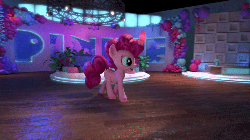 Size: 800x450 | Tagged: safe, screencap, character:pinkie pie, species:earth pony, species:pony, 3d, animated, balloon, chair, dancing, gif, hello pinkie pie, light, looking at you, moonwalk, plant, potted plant, smiling, solo, streamer, studio, year in review