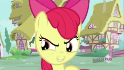 Size: 1280x720 | Tagged: safe, screencap, character:apple bloom, character:applejack, character:scootaloo, character:sweetie belle, species:earth pony, species:pegasus, species:pony, species:unicorn, episode:one bad apple, g4, my little pony: friendship is magic, animated, balloon, cutie mark crusaders, evil laugh, female, filly, hub logo, laughing, mare, ponyville, sound, the hub, webm