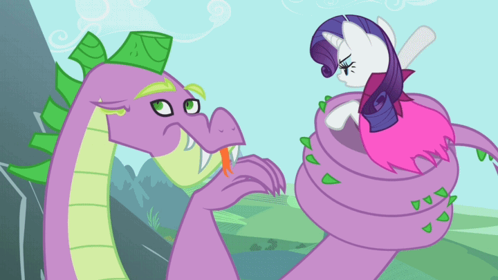 Size: 720x405 | Tagged: safe, screencap, character:rarity, character:spike, species:dragon, species:pony, species:unicorn, episode:secret of my excess, g4, my little pony: friendship is magic, adult spike, animated, blah blah blah, blep, cape, clothing, duo, female, frown, glare, male, mare, mocking, nag nag nag, open mouth, prehensile tail, spikezilla, tail hold, talking, tongue out