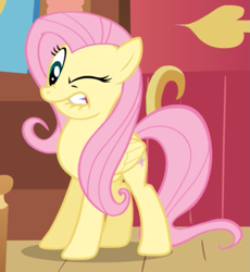 Size: 879x956 | Tagged: safe, screencap, character:fluttershy, species:pegasus, species:pony, episode:a bird in the hoof, g4, my little pony: friendship is magic, cropped, faec, female, lip bite, mare, one eye closed, solo