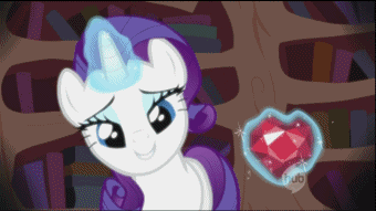 Size: 340x191 | Tagged: safe, screencap, character:rarity, species:pony, species:unicorn, episode:secret of my excess, g4, my little pony: friendship is magic, animated, female, fire ruby, golden oaks library, hub logo, kissing, mare, offscreen character, pov, solo