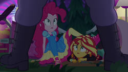 Size: 1920x1080 | Tagged: safe, screencap, character:pinkie pie, character:sunset shimmer, equestria girls:sunset's backstage pass, g4, my little pony:equestria girls, duo, duo female, female, male, max steele, shoes, sneakers