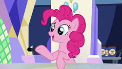 Size: 1920x1080 | Tagged: safe, screencap, character:pinkie pie, species:earth pony, species:pony, episode:the last laugh, g4, my little pony: friendship is magic, cutie map, female, mare, open mouth, raised hoof, sitting, smiling, solo