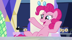 Size: 1920x1080 | Tagged: safe, screencap, character:pinkie pie, species:earth pony, species:pony, episode:the last laugh, g4, my little pony: friendship is magic, cutie map, female, mare, open mouth, sitting, smiling, solo
