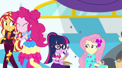 Size: 1920x1080 | Tagged: safe, screencap, character:applejack, character:fluttershy, character:pinkie pie, character:sunset shimmer, character:twilight sparkle, character:twilight sparkle (scitwi), species:eqg human, equestria girls:sunset's backstage pass, g4, my little pony:equestria girls, food, music festival outfit, pancakes
