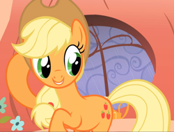 Size: 1233x938 | Tagged: safe, screencap, character:applejack, species:earth pony, species:pony, episode:look before you sleep, g4, my little pony: friendship is magic, applejack's hat, clothing, cowboy hat, cropped, cute, female, golden oaks library, hat, jackabetes, mare, raised hoof, smiling, solo