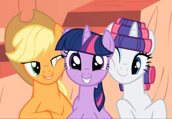 Size: 1353x937 | Tagged: safe, screencap, character:applejack, character:rarity, character:twilight sparkle, character:twilight sparkle (unicorn), species:earth pony, species:pony, species:unicorn, episode:look before you sleep, g4, my little pony: friendship is magic, cheek squish, cropped, cute, female, golden oaks library, hair curlers, happy, jackabetes, lidded eyes, looking at you, mare, one eye closed, raribetes, smiling, squishy cheeks, trio, twiabetes