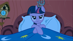 Size: 1668x941 | Tagged: safe, screencap, character:twilight sparkle, character:twilight sparkle (unicorn), species:pony, species:unicorn, episode:look before you sleep, g4, my little pony: friendship is magic, bed, cropped, golden oaks library, solo, twilight is not amused, twilight's bedroom, unamused