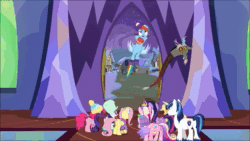 Size: 1920x1080 | Tagged: safe, screencap, character:applejack, character:discord, character:fluttershy, character:pinkie pie, character:princess cadance, character:princess flurry heart, character:rainbow dash, character:rarity, character:shining armor, character:spike, character:twilight sparkle, character:twilight sparkle (alicorn), species:alicorn, species:draconequus, species:dragon, species:earth pony, species:pegasus, species:pony, species:unicorn, episode:best gift ever, g4, my little pony: friendship is magic, animated, clothing, destruction, food, force field, limbless, magic, mane seven, mane six, pudding, puddinghead's pudding, roar, shocked, sound, twilight's castle, webm, winged spike, winter outfit, winterchilla, winterzilla