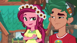 Size: 1920x1080 | Tagged: safe, screencap, character:gloriosa daisy, character:timber spruce, equestria girls:legend of everfree, g4, my little pony:equestria girls, camp everfree outfits, clothing, female, flower, flower in hair, geode of fauna, geode of shielding, geode of sugar bombs, geode of super speed, geode of super strength, magical geodes, male, microphone