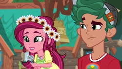 Size: 1920x1080 | Tagged: safe, screencap, character:gloriosa daisy, character:timber spruce, equestria girls:legend of everfree, g4, my little pony:equestria girls, camp everfree outfits, clothing, female, flower, flower in hair, male, microphone