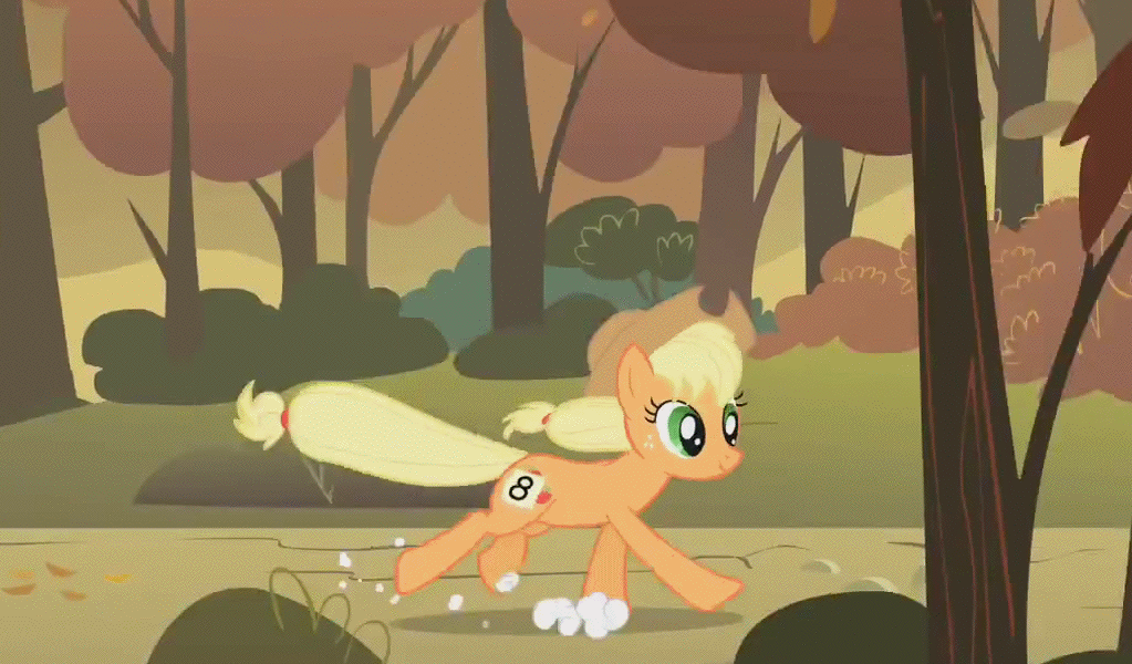 Size: 1023x600 | Tagged: safe, screencap, character:applejack, episode:fall weather friends, g4, my little pony: friendship is magic, animated, forest, loop, run cycle, running, running of the leaves, solo