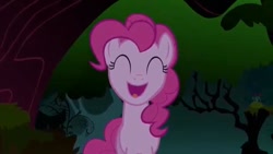 Size: 640x360 | Tagged: safe, screencap, character:pinkie pie, species:earth pony, species:pony, episode:friendship is magic, g4, my little pony: friendship is magic, everfree forest, eyes closed, female, forest, mare, singing, solo