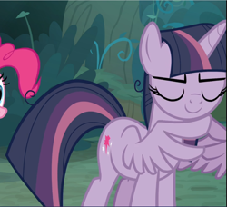 Size: 1029x940 | Tagged: safe, screencap, character:mean twilight sparkle, character:pinkie pie, species:earth pony, species:pony, episode:the mean 6, g4, my little pony: friendship is magic, animation error, clone, cropped, eyes closed, female, gendo pose, mare, smiling, solo focus, wing hands, wings