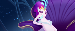 Size: 1920x804 | Tagged: safe, screencap, character:queen novo, species:seapony (g4), my little pony: the movie (2017), annoyed, crown, eyeshadow, female, fins, hand on cheek, jewelry, lidded eyes, makeup, queen novo is not amused, raised eyebrow, regalia, seriously, solo, throne, underwater