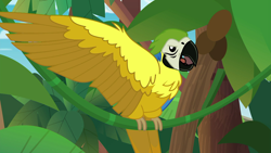 Size: 1920x1080 | Tagged: safe, screencap, species:bird, species:parrot, equestria girls:spring breakdown, g4, my little pony:equestria girls, blue-and-yellow macaw, macaw, solo, spread wings, vine, wings
