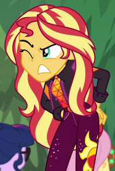 Size: 584x870 | Tagged: safe, screencap, character:applejack, character:fluttershy, character:sunset shimmer, character:twilight sparkle, character:twilight sparkle (scitwi), species:eqg human, equestria girls:sunset's backstage pass, g4, my little pony:equestria girls, cropped, music festival outfit