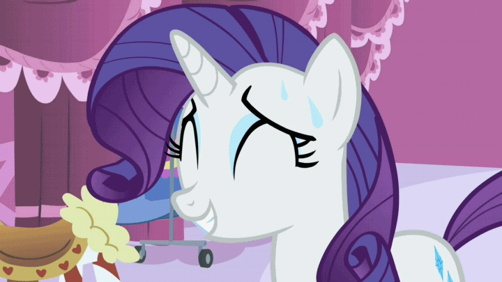 Size: 720x405 | Tagged: safe, screencap, character:rarity, species:pony, species:unicorn, episode:baby cakes, g4, my little pony: friendship is magic, animated, carousel boutique, eyes closed, female, head shake, mare, solo, sweat