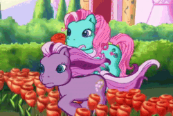 Size: 720x480 | Tagged: safe, screencap, character:minty, character:wysteria, species:earth pony, species:pony, episode:the princess promenade, g3, angry, animated, facehoof, female, flower, garden, mare, marshmelodrama, overreacting, sound, teeth, webm, weeds, wysteria being rarity