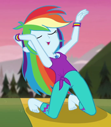 Size: 680x780 | Tagged: safe, screencap, character:rainbow dash, episode:wake up!, g4, my little pony:equestria girls, barefoot, cropped, eyes closed, feet, female, solo, wake up!: rainbow dash, wristband, yoga, yoga mat