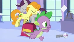 Size: 1655x941 | Tagged: safe, screencap, character:carrot top, character:golden harvest, character:spike, character:written script, ship:goldenscript, episode:just for sidekicks, g4, my little pony: friendship is magic, female, male, otp, shipping, straight