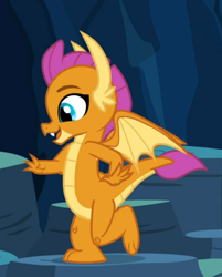 Size: 552x685 | Tagged: safe, screencap, character:smolder, species:dragon, episode:uprooted, g4, my little pony: friendship is magic, cave of harmony, claws, cropped, cute, dragoness, fangs, female, horns, looking down, open mouth, side view, smiling, smolderbetes, solo, spread wings, standing, standing on one leg, teenaged dragon, teenager, wings