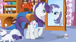 Size: 851x468 | Tagged: safe, screencap, character:opalescence, character:rarity, species:pony, episode:just for sidekicks, g4, my little pony: friendship is magic, female, lidded eyes, mare, mirror, plot, saddle