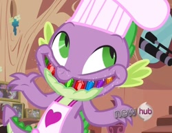 Size: 1126x869 | Tagged: safe, screencap, character:spike, species:dragon, episode:just for sidekicks, g4, my little pony: friendship is magic, cropped, faec, gem, le ruse master, solo, spread arms, toque, trollface