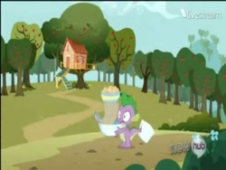 Size: 384x288 | Tagged: safe, screencap, character:spike, episode:just for sidekicks, g4, my little pony: friendship is magic, apple tree, bush, clubhouse, crusaders clubhouse, flour, hub logo, livestream, shocked, tree
