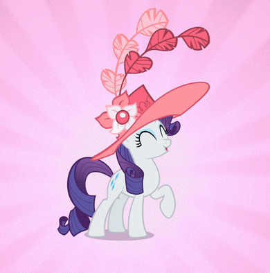 Size: 390x394 | Tagged: safe, screencap, character:rarity, species:pony, species:unicorn, episode:sweet and elite, g4, my little pony: friendship is magic, animated, clothing, eyes closed, female, giant hat, hat, mare, raised hoof, solo
