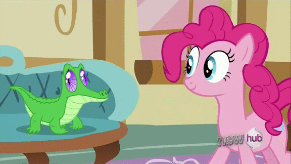 Size: 576x324 | Tagged: safe, screencap, character:gummy, character:pinkie pie, episode:just for sidekicks, g4, my little pony: friendship is magic, animated, hub logo