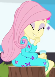 Size: 370x513 | Tagged: safe, screencap, character:fluttershy, equestria girls:sunset's backstage pass, g4, my little pony:equestria girls, clothing, cropped, cup, cute, dress, eyes closed, female, hairclip, laughing, long sleeves, rv, shyabetes, sitting, smiling, tree stump