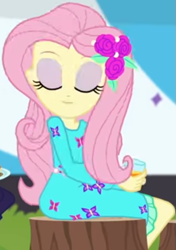 Size: 375x533 | Tagged: safe, screencap, character:fluttershy, equestria girls:sunset's backstage pass, g4, my little pony:equestria girls, beverage, clothing, cropped, cup, cute, dress, eyes closed, female, hairclip, long sleeves, rv, shyabetes, sitting, smiling, tree stump, waistband