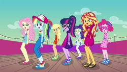 Size: 1280x720 | Tagged: safe, screencap, character:applejack, character:fluttershy, character:pinkie pie, character:rainbow dash, character:rarity, character:sunset shimmer, character:twilight sparkle, character:twilight sparkle (scitwi), species:eqg human, episode:i'm on a yacht, g4, my little pony:equestria girls, humane five, humane seven, humane six
