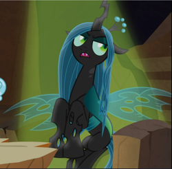 Size: 955x941 | Tagged: safe, screencap, character:queen chrysalis, species:changeling, episode:frenemies, g4, my little pony: friendship is magic, chair, cropped, dismissive, lidded eyes, open mouth, sitting, solo, spotlight